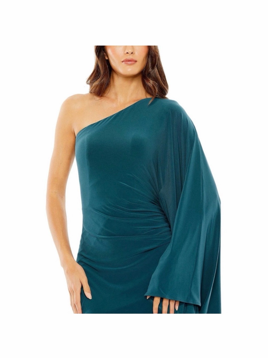 Mac Duggal Teal One-Shoulder Evening Gown With Draped Sleeve